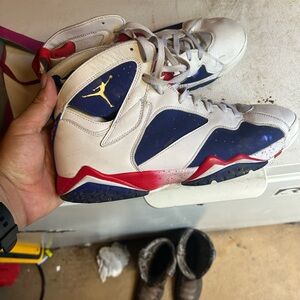 Jordan Athletic Shoes in White, Blue, and Red